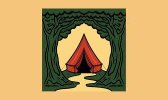 Cozy tent nestled between two trees in a forest setting vector