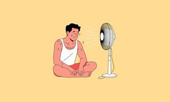 man cooling off in front of an electric fan, sweating heavily vector