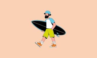 man carrying a surfboard while walking casually on the beach. vector
