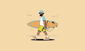 Man walking with a surfboard wearing casual beachwear. vector