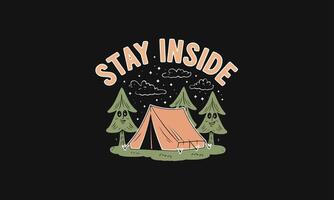 Cozy tent in a forest at night with trees and stars, stay inside message vector