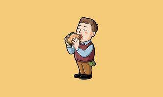 Cartoon man enjoying a large sandwich in hand drawn style vector