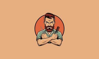 Bearded barber holding scissors and comb in a confident pose. vector