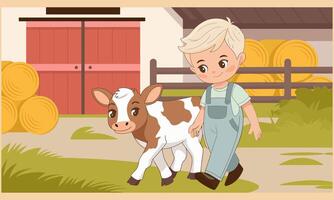Boy walking with a calf in a farm setting. vector