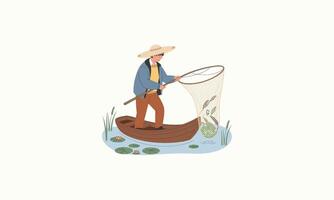a fisherman catching fish with a large net. vector