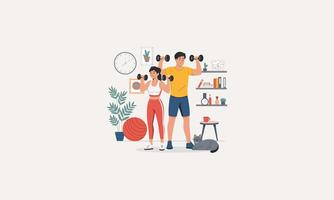 couple lifting dumbbells at home with a cat vector