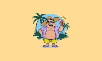 Smiling man on vacation holding a drink under palm trees. vector
