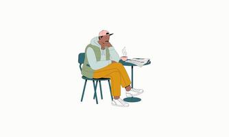Man sitting at a cafe table reading a newspaper with coffee. vector