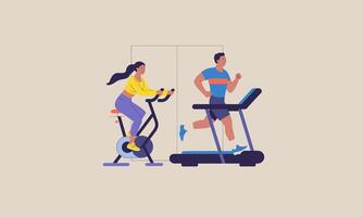 two people exercising, one cycling and another running vector