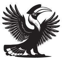 A black and white image of a toucan with its wings spread vector