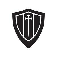 A black and white shield with a cross on it vector