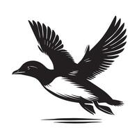 A black and white drawing of a flying duck vector
