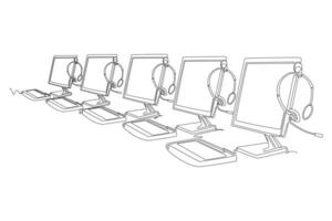 Single one line drawing set of customer service equipment, computer, headphone, monitor, keyboard and mouse. Call center service excellent concept. Continuous line design graphic illustration vector