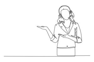 Single continuous line drawing of woman customer service talking and answering phone call from customer kindly with headset with microphone in office. One line draw graphic design illustration vector