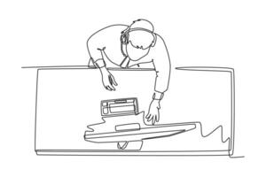 Single one line drawing top view male customer service listening complaint with headset on monitor from client. Call center service excellent. Continuous line draw design graphic illustration vector