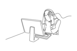 Continuous one line drawing of bored and tired female call center worker answering complain from a lot of customers. Helpdesk center from company. Single line draw design graphic illustration vector