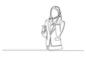 Single continuous line drawing beautiful female customer service worker standing and answering phone call from customer kindly. Helpdesk center care. One line draw graphic design illustration vector