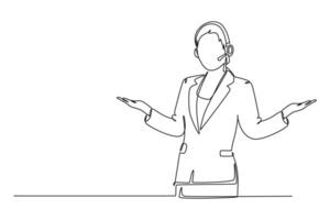 Single continuous line drawing young happy female motivator poses neatly in front of camera after presentation at the office. Public trainer concept. One line draw graphic design illustration vector