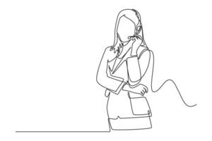 Single continuous line drawing of female trainer speaking in front of large audience to do motivational presentation. Public training center concept. One line draw graphic design illustration vector