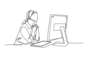 Single one line drawing of female call center worker sitting in front of computer answering phone from buyer. Customer service business concept. Continuous line draw design graphic illustration vector