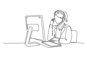 Continuous one line drawing young confused call center worker answering phone call from talkative customer in front laptop. Help desk center care. Single line draw design graphic illustration vector
