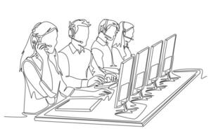 Continuous one line drawing group of call center team members answer purchase order phone call from client. Male and female customer service on job. Single line draw design graphic illustration vector