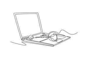 Single one line drawing headphone with microphone and laptop on working desk as call center equipment tools. Call center customer care concept. Continuous line draw design graphic illustration vector