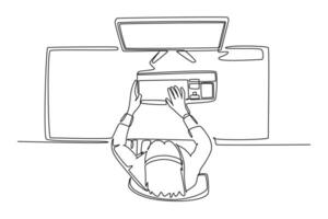 Single continuous line drawing top view female call center worker answering complain call from customer kindly. Helpdesk center care concept. Dynamic one line draw graphic design illustration vector