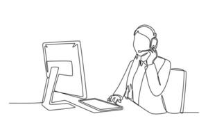 Single one line drawing young happy female call center worker answering complain from customer or client kindly. Helpdesk center care concept. Continuous line draw design graphic illustration vector