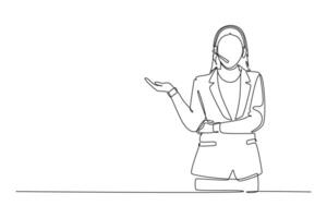 Single continuous line drawing attractive female consultant standing and giving speech to audience at the office. Public speaker presentation concept. One line draw graphic design illustration vector