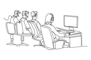 Continuous one line drawing group of male female call center workers sitting in front of computer answer product order. Customer service business. Single line draw design graphic illustration vector