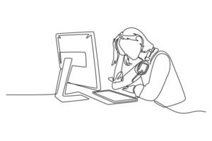Continuous one line drawing stressful female customer service worker answering phone call from customers all the day. Helpdesk center care concept. Single line draw design graphic illustration vector