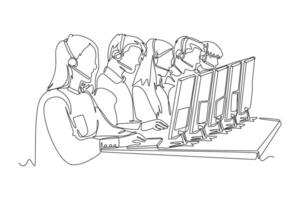 Continuous one line drawing group of male female customer service team members answer complaint phone call from clients kindly. Call center concept. Single line draw design graphic illustration vector