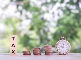 Vintage watch and Wooden blocks with the word TAX on stack of coins. The concept about saving money and manage time to paying tax photo
