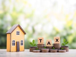Miniature house, Wooden blocks with the word TAX and plans growing up on stack of coins. The concept of payment tax for house, Property investment, House mortgage, Real estate photo