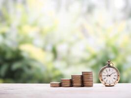 Vintage watch and stack of coins. The concept of saving money for manage time to success business. photo
