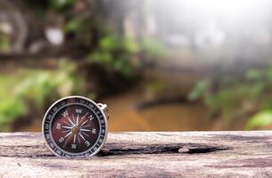 Close up compass with nature as background. The concept of world tourism day, Searching the right directions and Travel photo