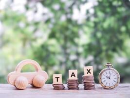 Vintage watch, Wooden toy car and wooden blocks with the word TAX on stack of coins. The concept of saving for paying tax. Manage time to success transportation, Car loan photo