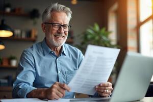 A smiling man with glasses and glasses is reading a document photo