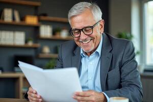 Senior man smiling while reading a document photo