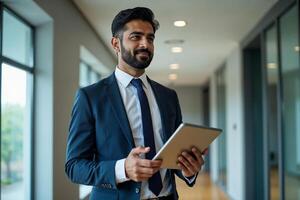 Confident Indian business man leader looking aside walking in office. Busy professional businessman going in hallway holding digital tablet thinking of work plan using tab computer. Authentic photo