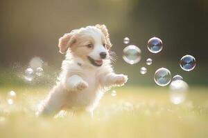 A puppy playing with bubbles in the grass photo