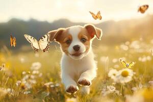 A puppy running through a field with butterflies flying around him photo