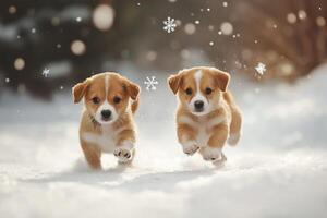 Two puppies running in the snow photo