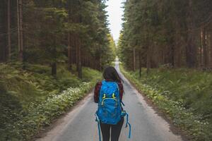 Back view of a woman with a blue backpack walking barefoot down a peaceful forest road, surrounded by lush greenery and tall trees, symbolizing adventure and tranquility in nature photo