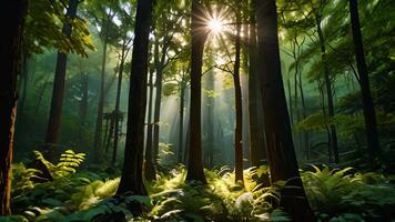 Sunlight Streaming Through Tall Forest Trees video