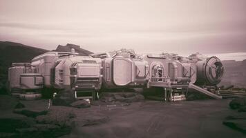 Colonist base established on a distant planet with rocky terrain and low clouds video