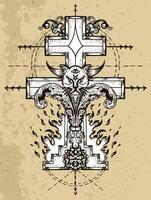 Fantasy cross with evil cat, hell flame and sacred geometry pattern vector