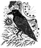 Hand drawn illustration with epic crow, moon and conifer branches on white. Esoteric, gothic and mystic object or element. Halloween and New Year concept. vector