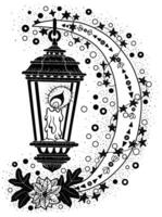 Hand drawn illustration with vintage old lantern and decorated moon on white. Esoteric, gothic and mystic object or element. Halloween and New Year concept. vector